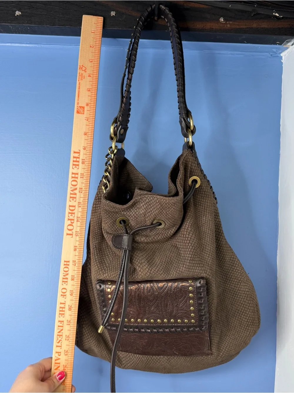 Donald J Pliner Women's Brown Drawstring Suede Snakeskin Shoulder Bag